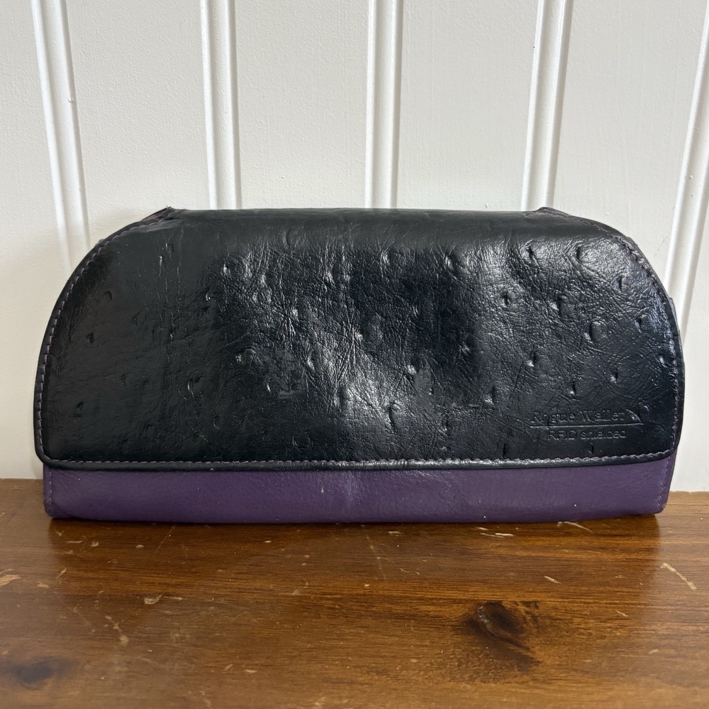 Rogue Wallet RFID Shield Purple & Black Ostrich Print Napa Leather Wallet Clutch